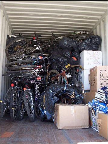 Carefully packed stack of bicycles inside a truck.