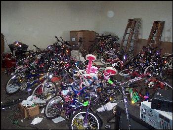 A collection of donated bicycles.