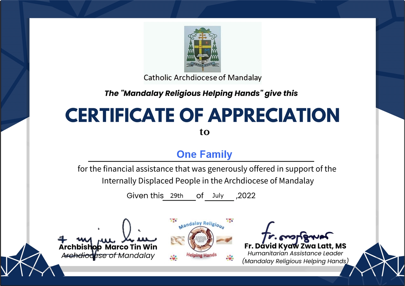 Certificate of Appreciation from Myanmar