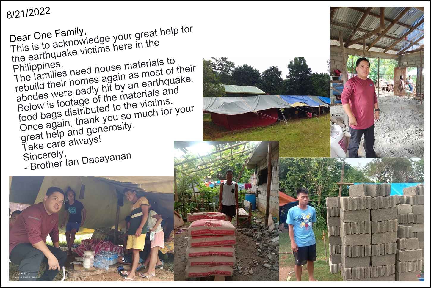 Providing food and building materials to help earthquake victims in the Philippines